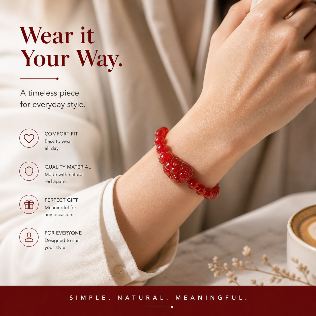 Red Agate bracelet worn on wrist for daily styling
