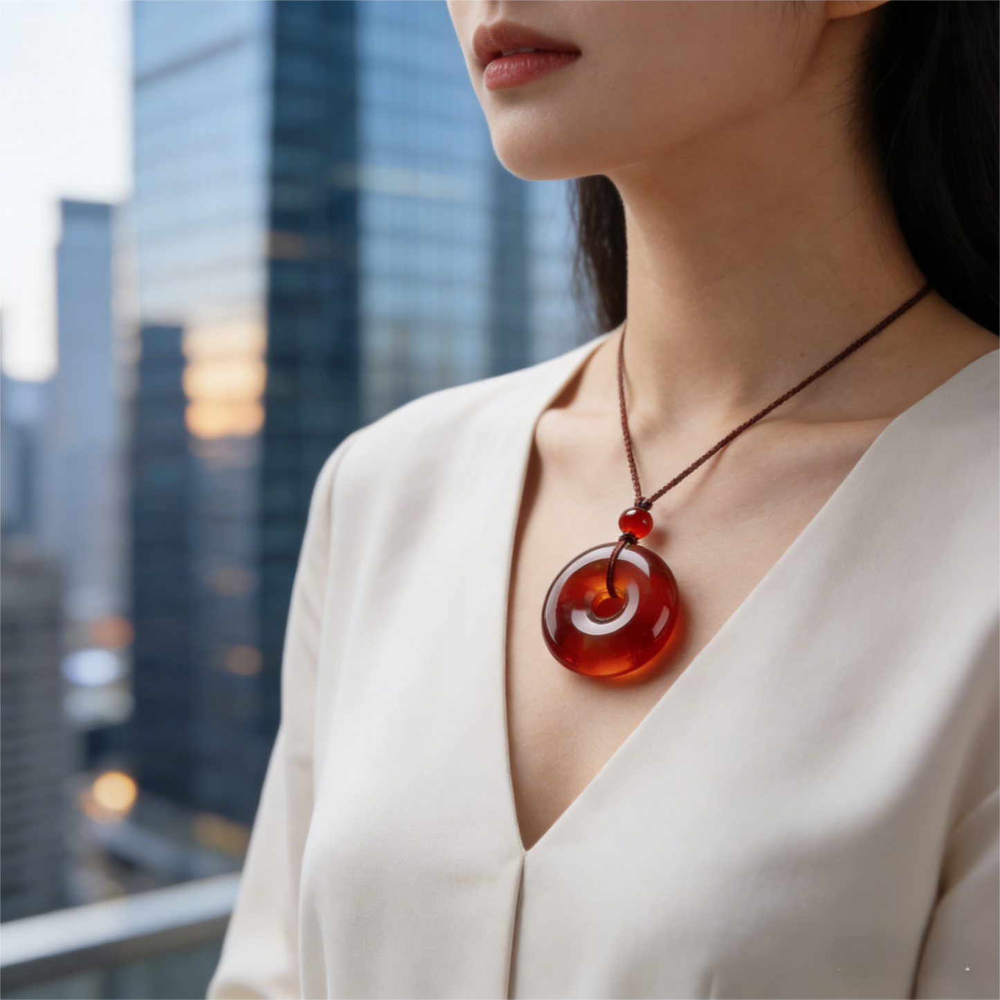 Red Agate Circle Pendant Necklace close-up detail