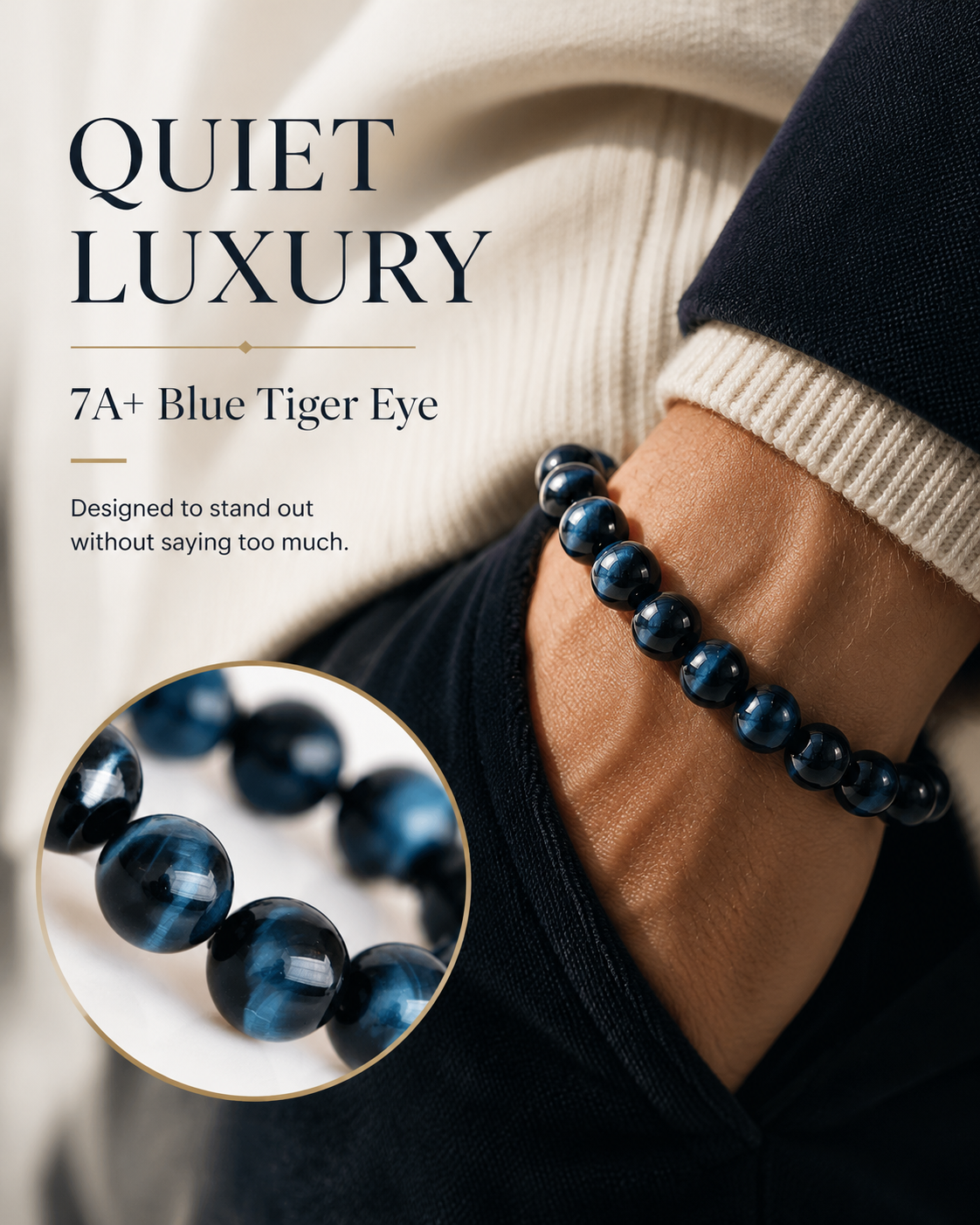 Blue Tiger Eye bracelet worn with neutral knitwear and dark trousers