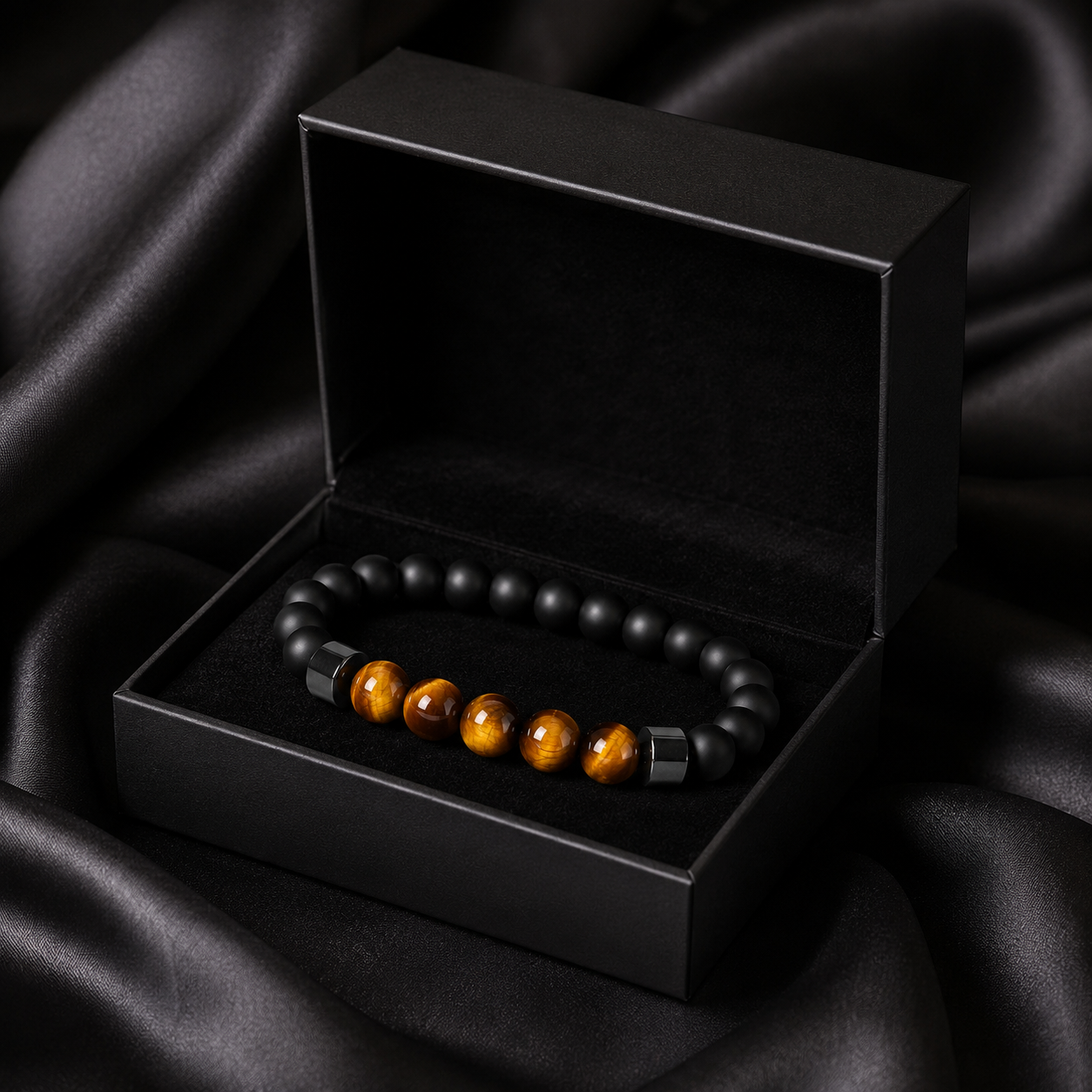 Tiger Eye & Matte Black Silver-Tone Bracelet gift box photo