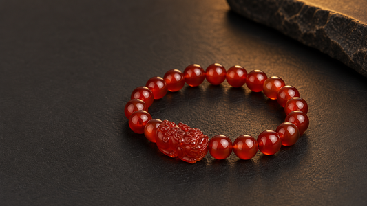 Red agate Pixiu bracelet on a dark surface for a natural stone gift guide