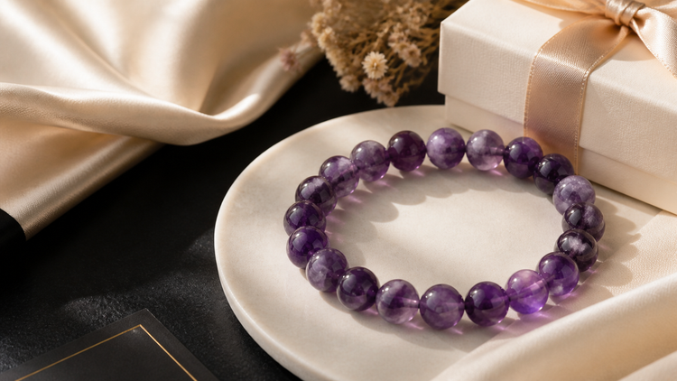 Amethyst bracelet styled with a gift box for a meaningful jewelry gift