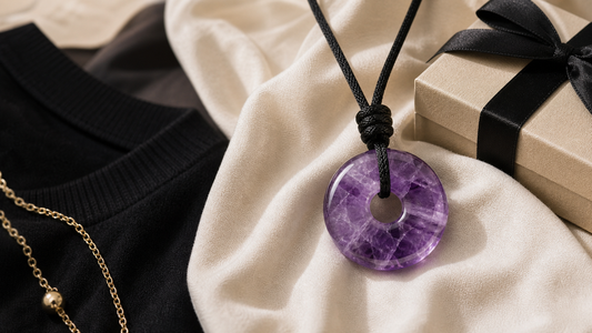 Amethyst pendant necklace styled with neutral fabric and a gift box