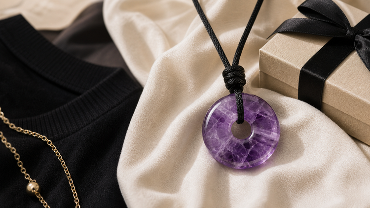 Amethyst pendant necklace styled with neutral fabric and a gift box