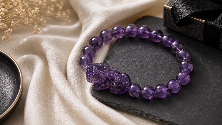 Amethyst Pixiu bracelet styled with purple stone beads for everyday wear