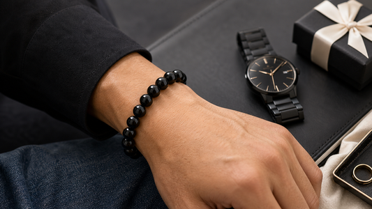 Black obsidian bracelet styled with men's everyday outfit details