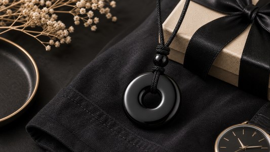 Black obsidian pendant necklace styled with dark fabric and a gift box
