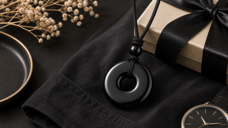 Black obsidian pendant necklace styled with dark fabric and a gift box