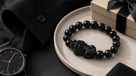 Black obsidian Pixiu bracelet styled with a neutral gift box