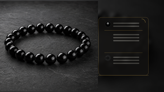 Black obsidian bracelet with a neutral black stone comparison card