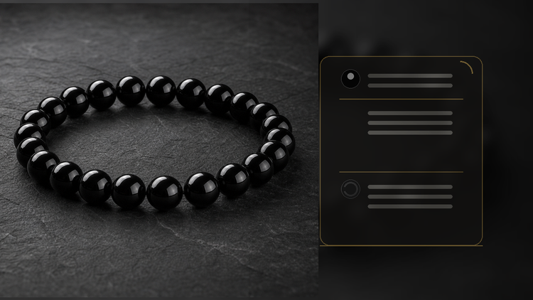 Black obsidian bracelet with a neutral black stone comparison card