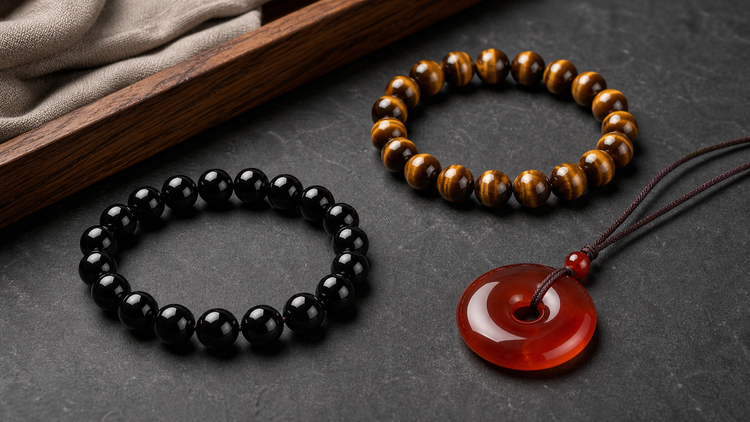 Natural stone bracelets and red agate pendant arranged as gift choices
