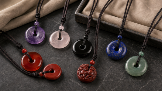 Crystal pendant necklace gift guide with circular natural stone pendants