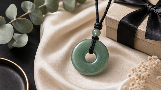 Green aventurine pendant necklace styled on neutral fabric