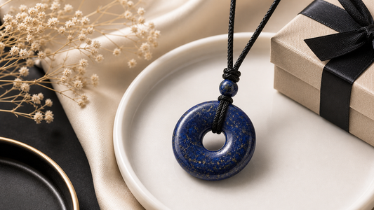 Lapis lazuli pendant necklace styled with a white jewelry dish