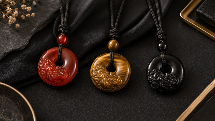 Pixiu pendant necklace styles in red agate tiger eye and black obsidian