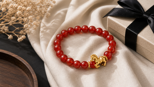 Red agate bracelet with golden horse detail styled as a gift
