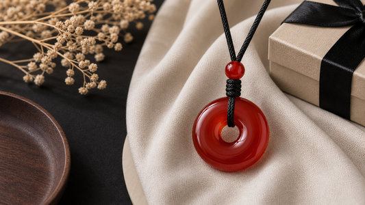 Red agate pendant necklace styled on neutral fabric