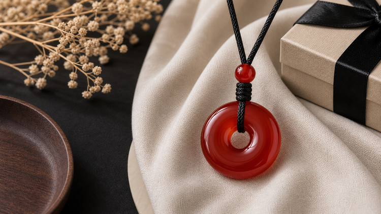 Red agate pendant necklace styled on neutral fabric