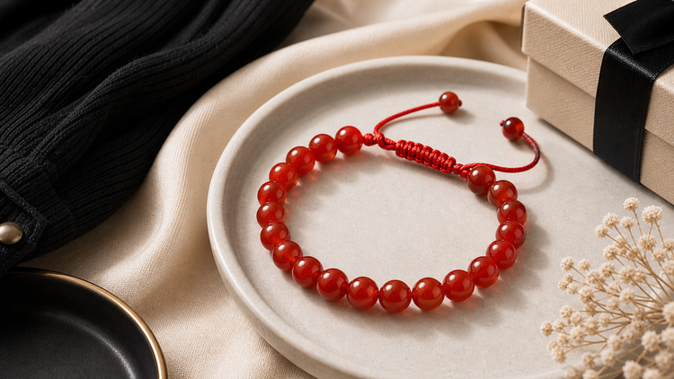 Red agate red cord bracelet styled on neutral fabric