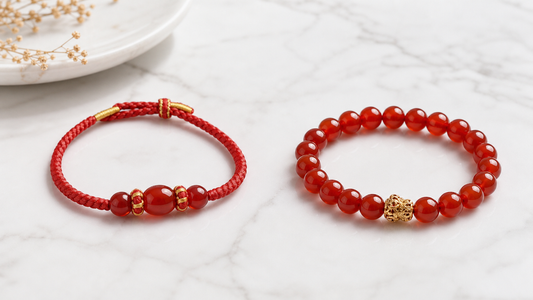 Red agate red cord bracelet compared with red agate bead bracelet