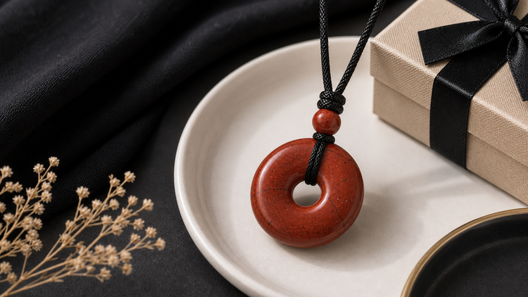 Red jasper pendant necklace styled with an ivory jewelry dish