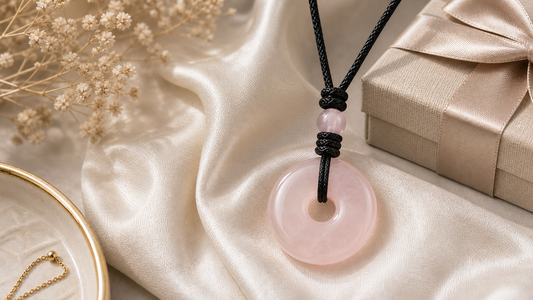 Rose quartz pendant necklace styled with soft pink stone gift details