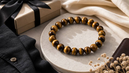 Tiger eye bracelet styled with a gift box for everyday wear