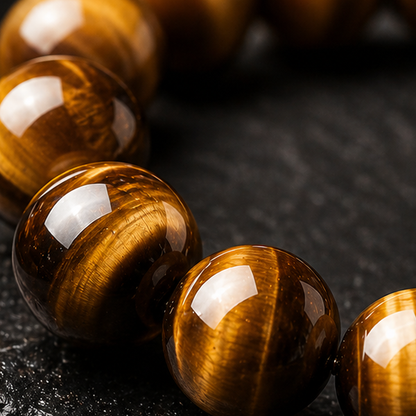 Close up of polished Golden Tiger Eye beads on black stone