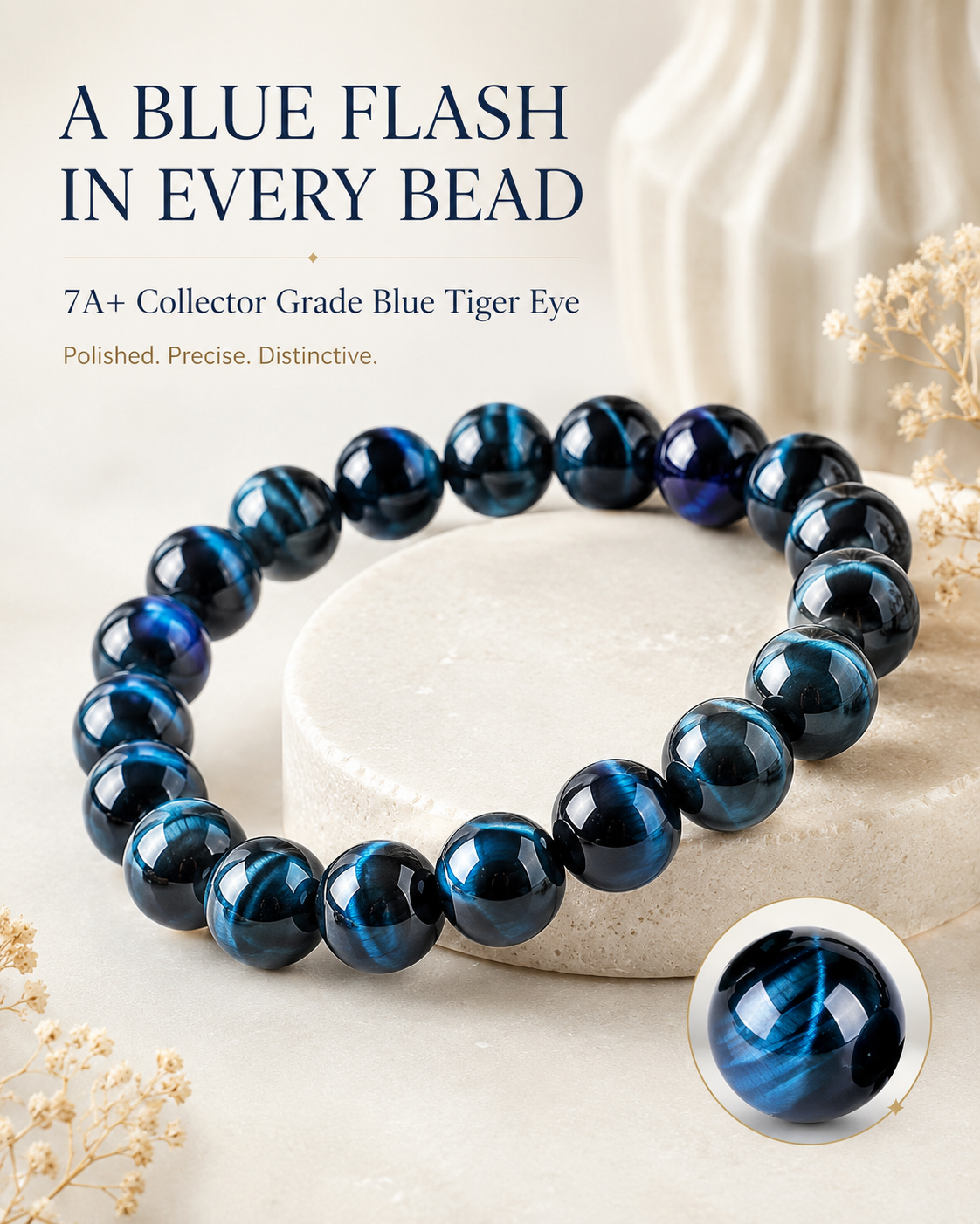Blue Tiger Eye bracelet product detail showing bright blue chatoyant bands