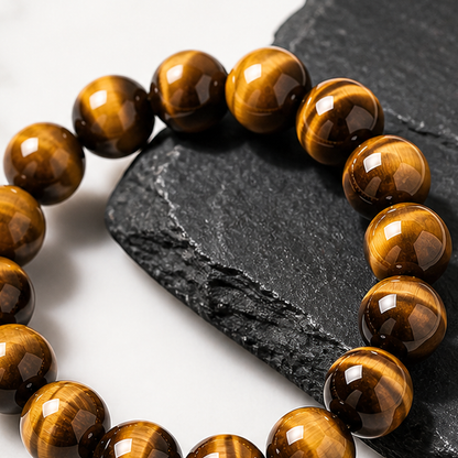 Golden Tiger Eye bracelet arranged on black slate