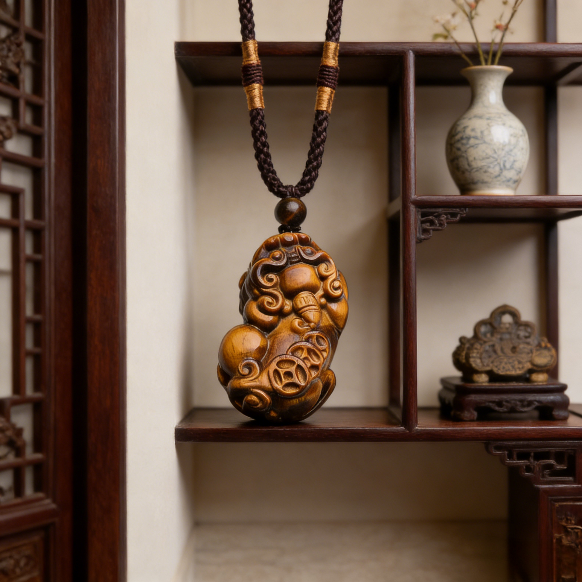 Golden Tiger Eye PiXiu Pendant Necklace product photo with natural stone detail