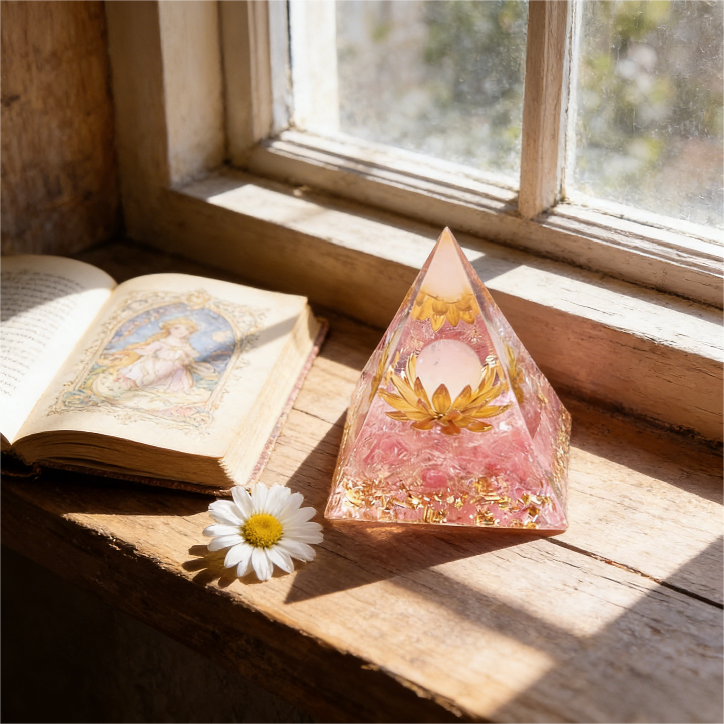 Sacred Lotus" Pink Crystal Orgone Pyramid (Heart Healing)