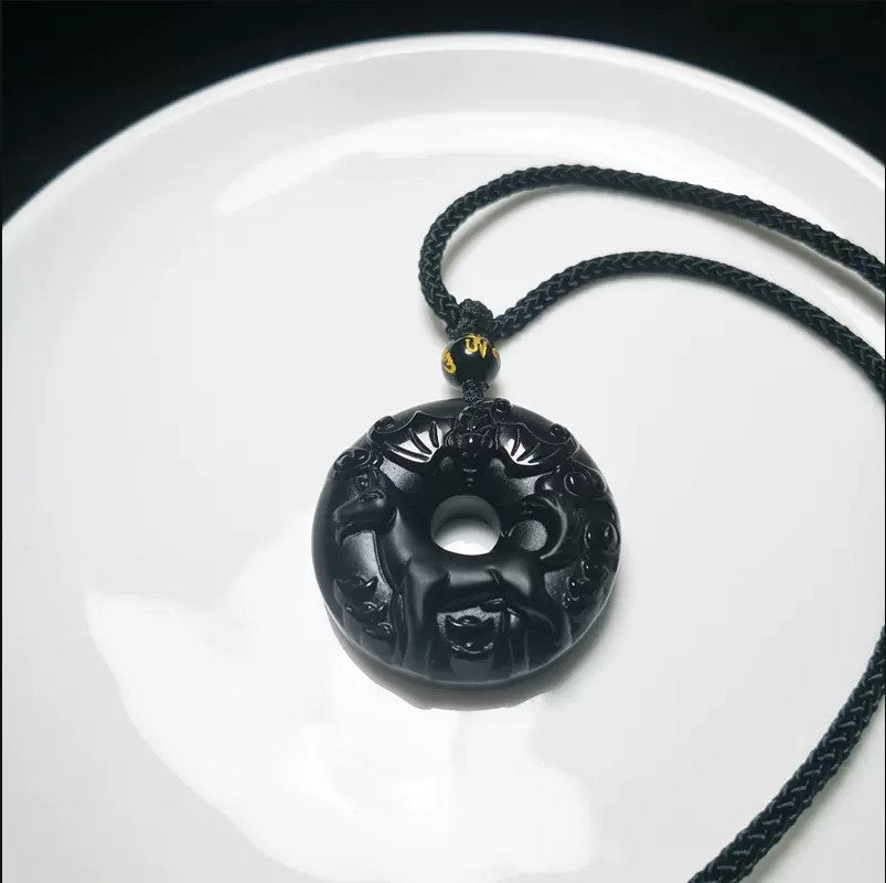 12 Zodiac Black Obsidian "Circle of Karma" Protection Amulet