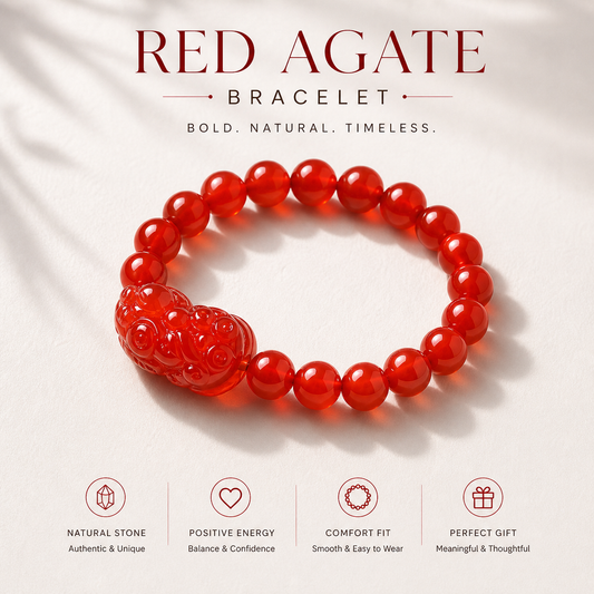 Red Agate Pixiu bracelet with natural stone beads and carved accent