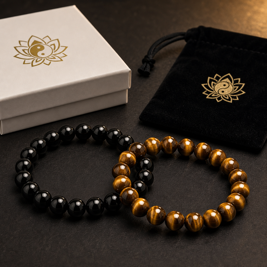 Black Obsidian & Tiger Eye Bracelet Set product photo with natural stone detail