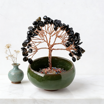 The Guardian's Vessel" Black Obsidian Protection Bonsai (7-Chakra Base)