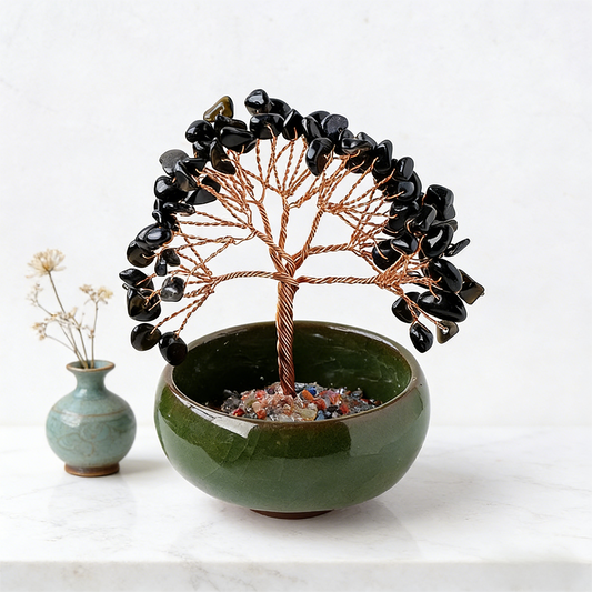 The Guardian's Vessel" Black Obsidian Protection Bonsai (7-Chakra Base)