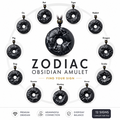 12 Zodiac Black Obsidian Pendant product photo with natural stone detail