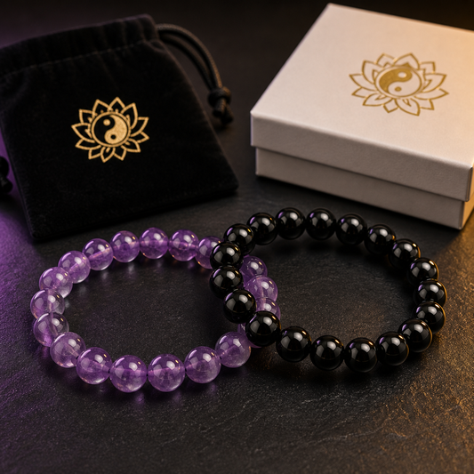 Amethyst & Black Obsidian Bracelet Set product photo with natural stone detail