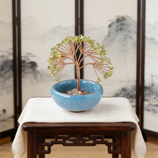 The Vessel of Growth" Peridot & 7-Chakra Teacup Bonsai