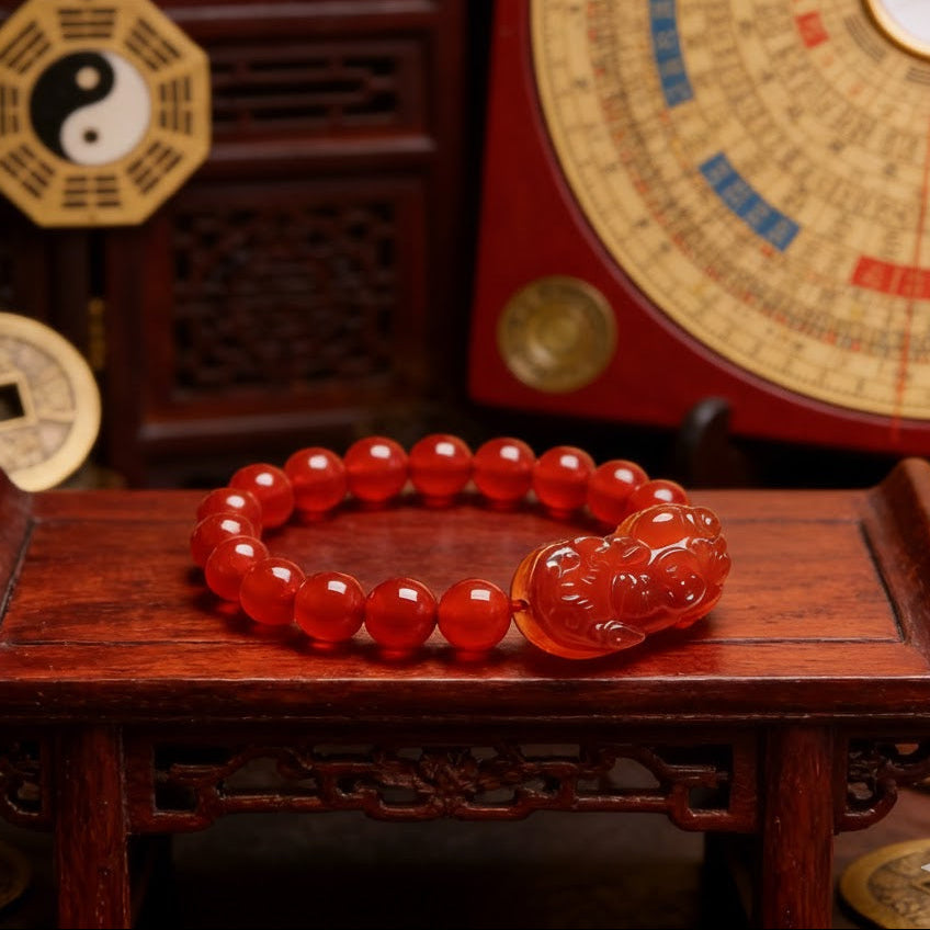 Wealth Guardian Red Agate & Gold-Etched PiXiu Talisman