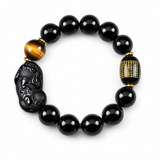Black Obsidian Pixiu Bracelet | Tiger Eye product photo with natural stone detail