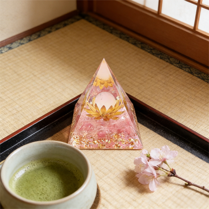 Sacred Lotus" Pink Crystal Orgone Pyramid (Heart Healing)