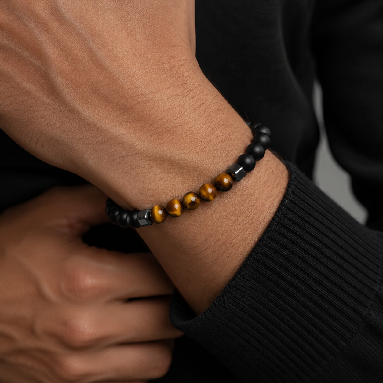 Tiger Eye & Matte Black Silver-Tone Bracelet worn on wrist