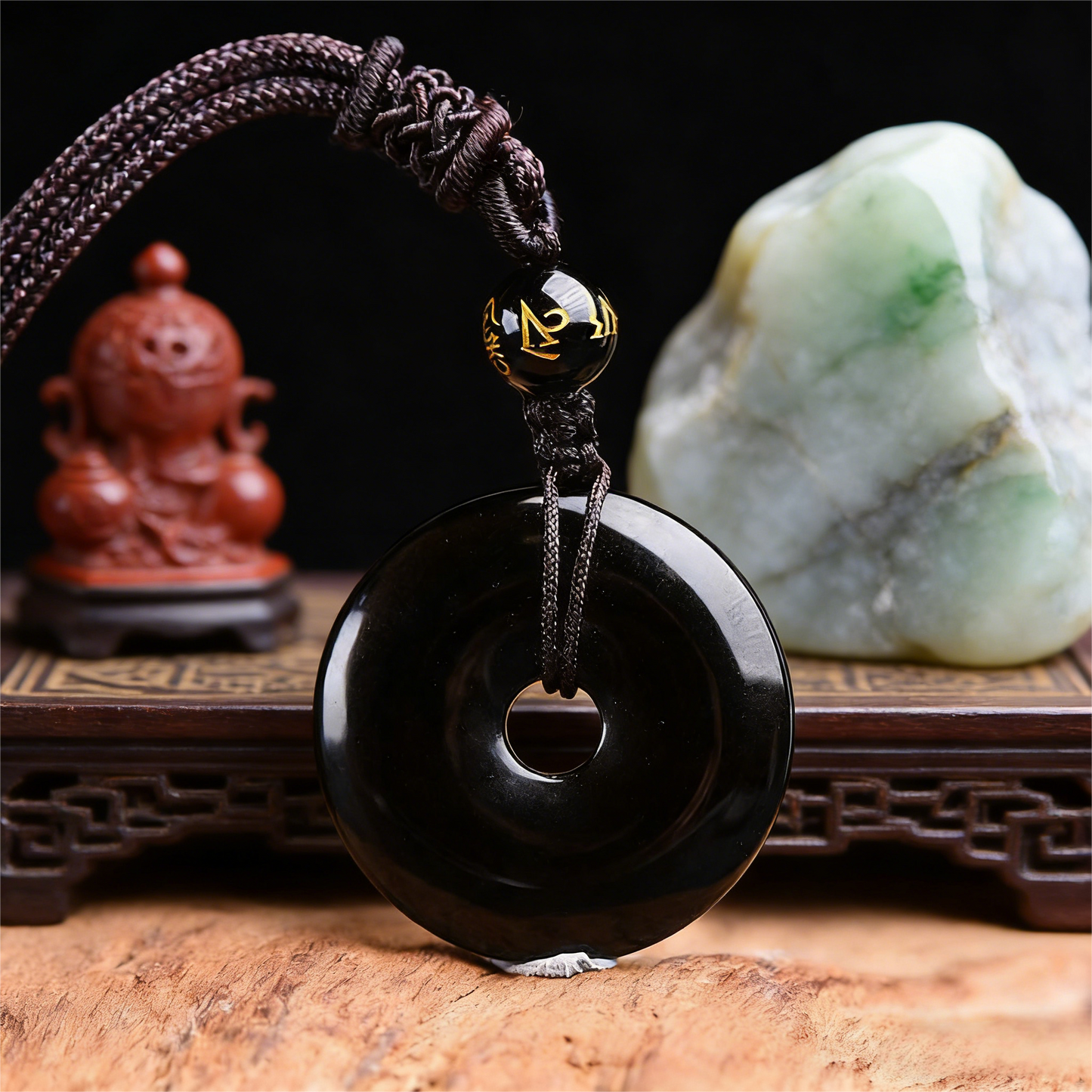 Black Obsidian Circle Pendant Necklace with polished natural stone finish