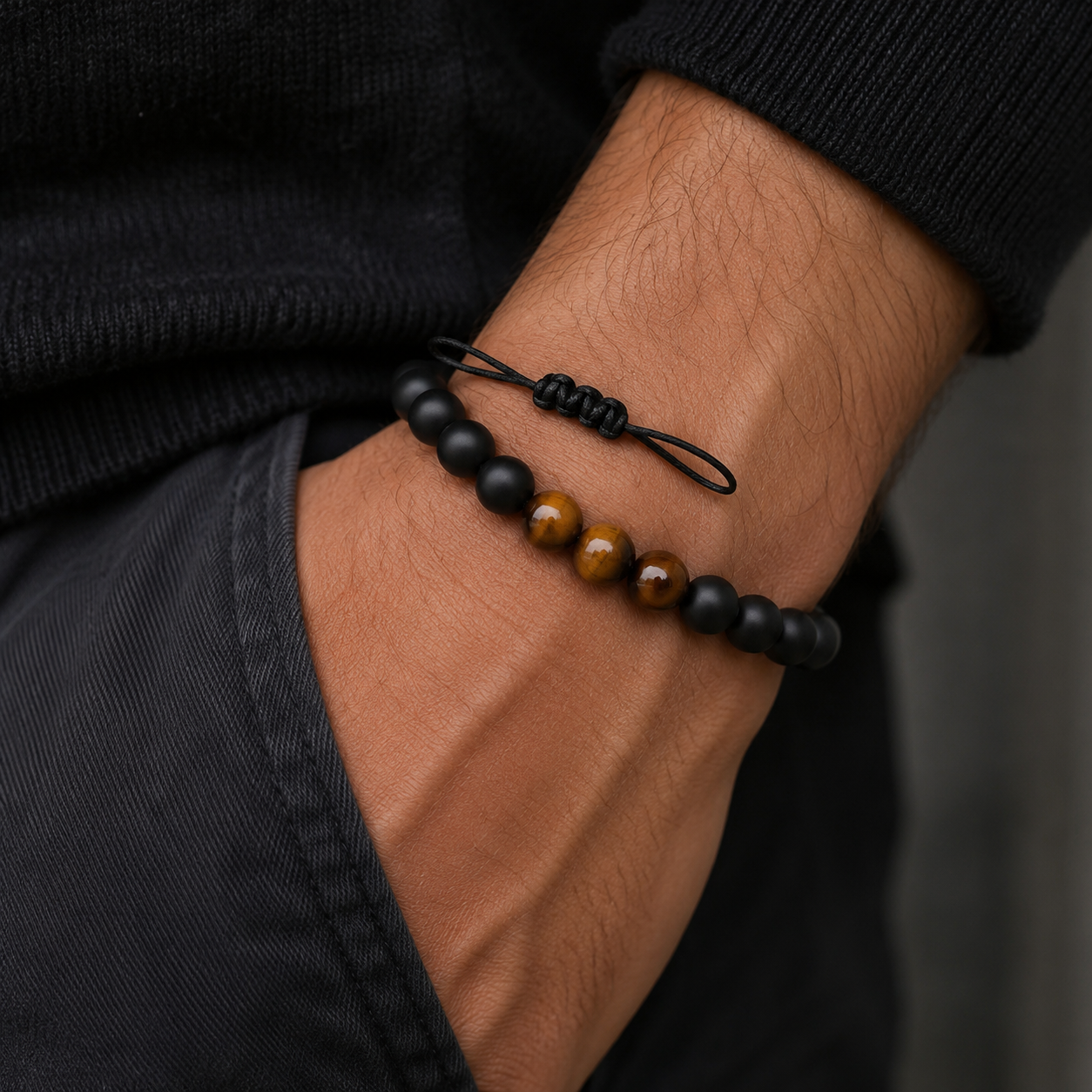 Matte Black & Tiger Eye Bracelet worn on wrist