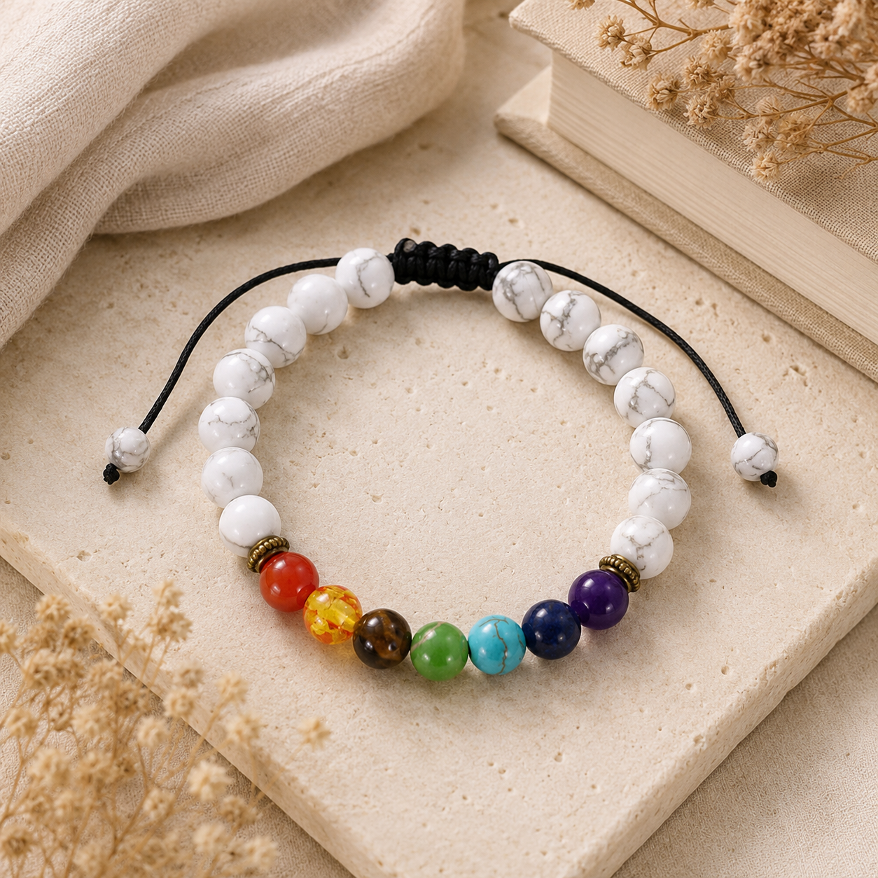 White Turquoise-Style Stone Bracelet styled flat lay