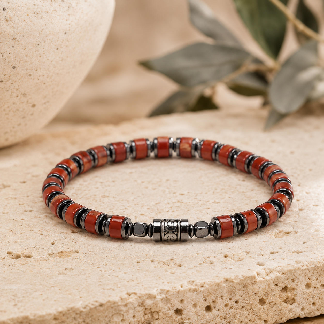 Old Roads red stone 4mm column bead bracelet 4mm column bead close-up