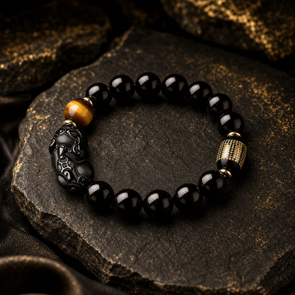 Black Obsidian Pixiu Bracelet | Tiger Eye with polished natural stone finish